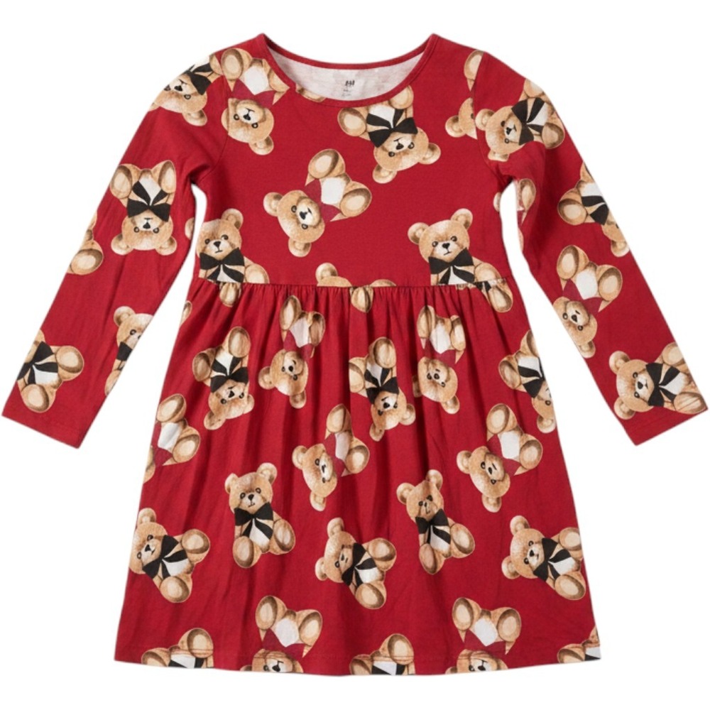 HM Girls Red Teddy Bear Print Long Sleeve Jersey Dress Size 6X/7 Holiday Kids